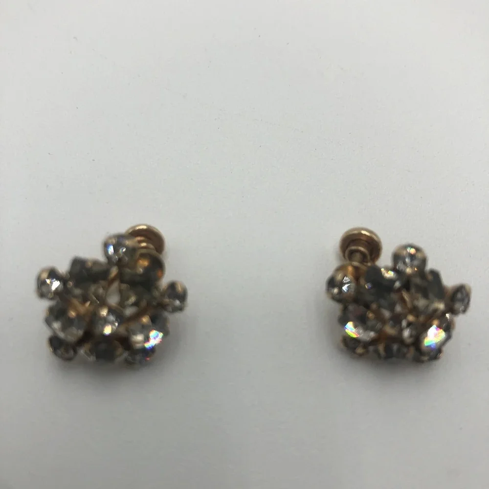 VINTAGE M&S GOLD FILLED EARRINGS WHITE‎ CRYSTALS STAR SHAPE SCREW ON 1/20-12K